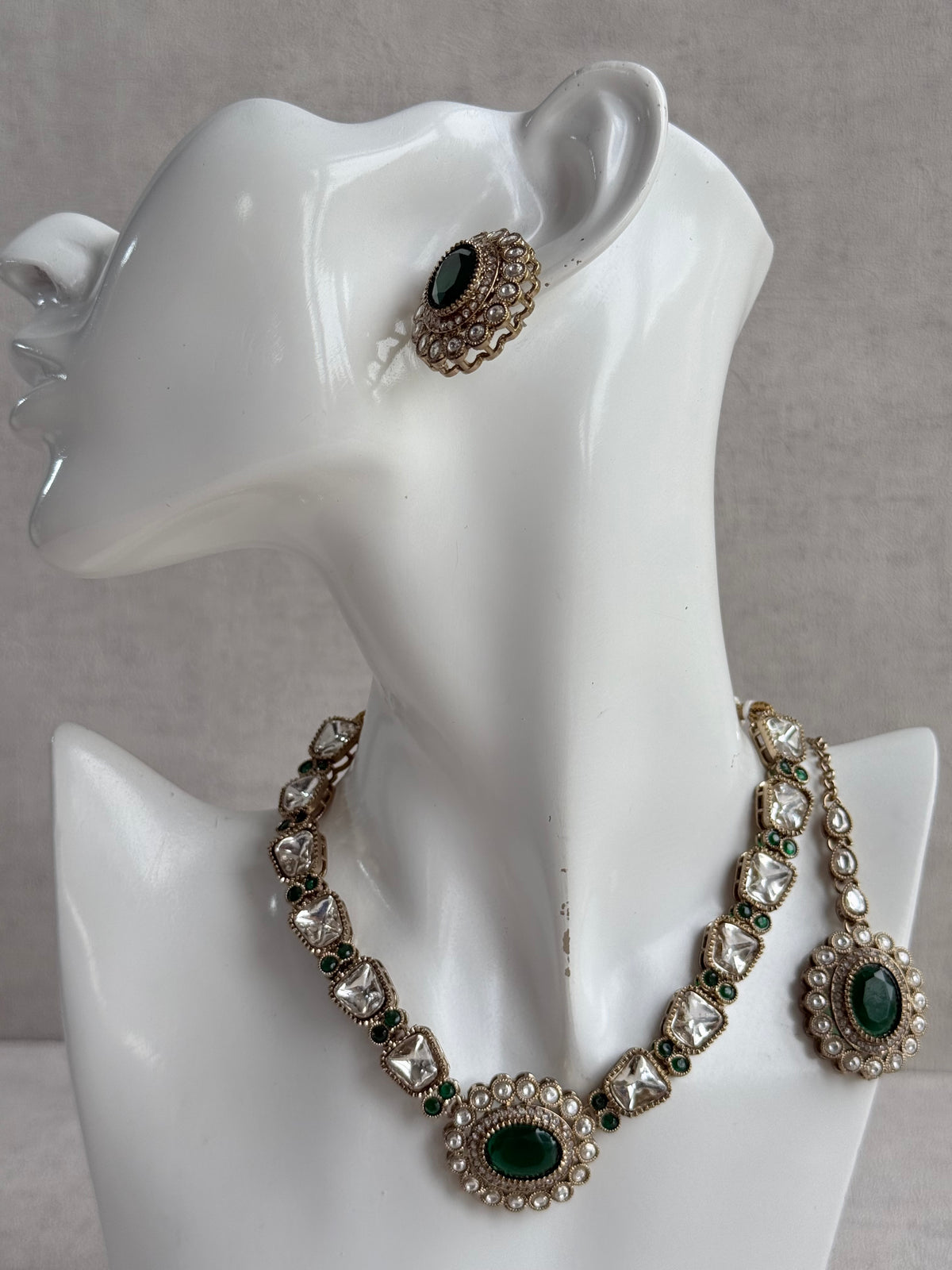 Ayura Designs Inza Necklace Set – Emerald Green Stones, Kundan & Crystals with Antique Gold Finish