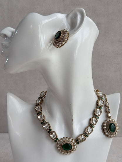 Ayura Designs Inza Necklace Set – Emerald Green Stones, Kundan & Crystals with Antique Gold Finish