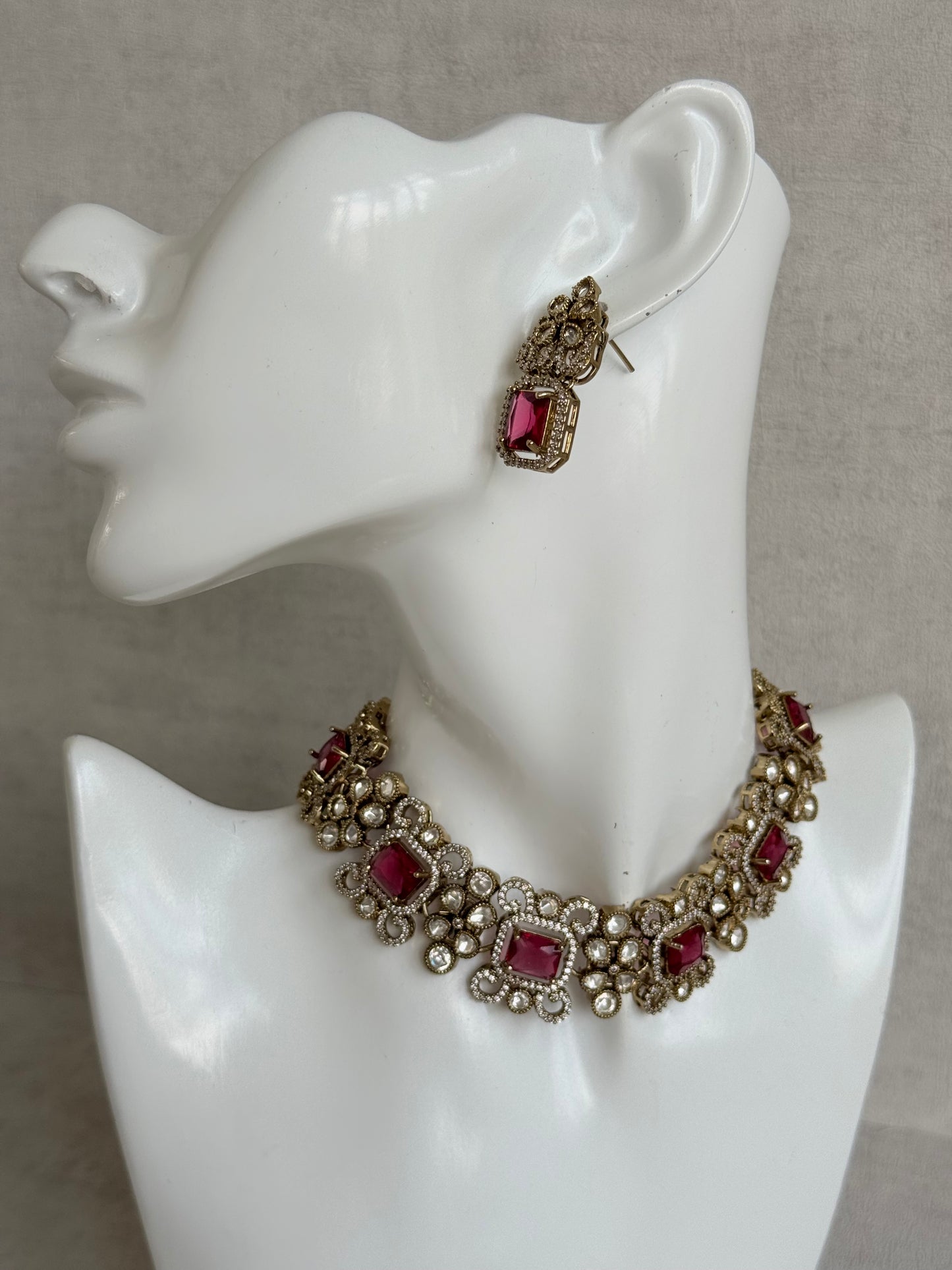 Ayura Designs Celine Necklace Set with Earrings – Moissanite Ruby Rose Statement Set