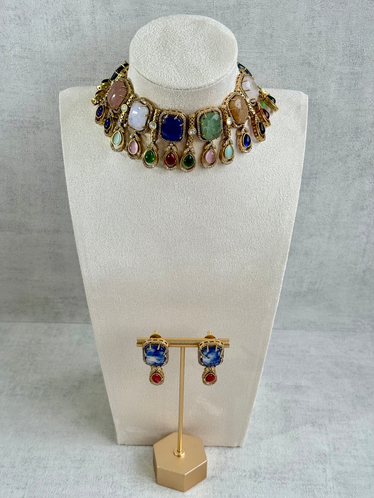 Ayura Designs Adelaide Necklace Set with Earrings – Multicolour Moissanite with Blue Stone Drop Earrings