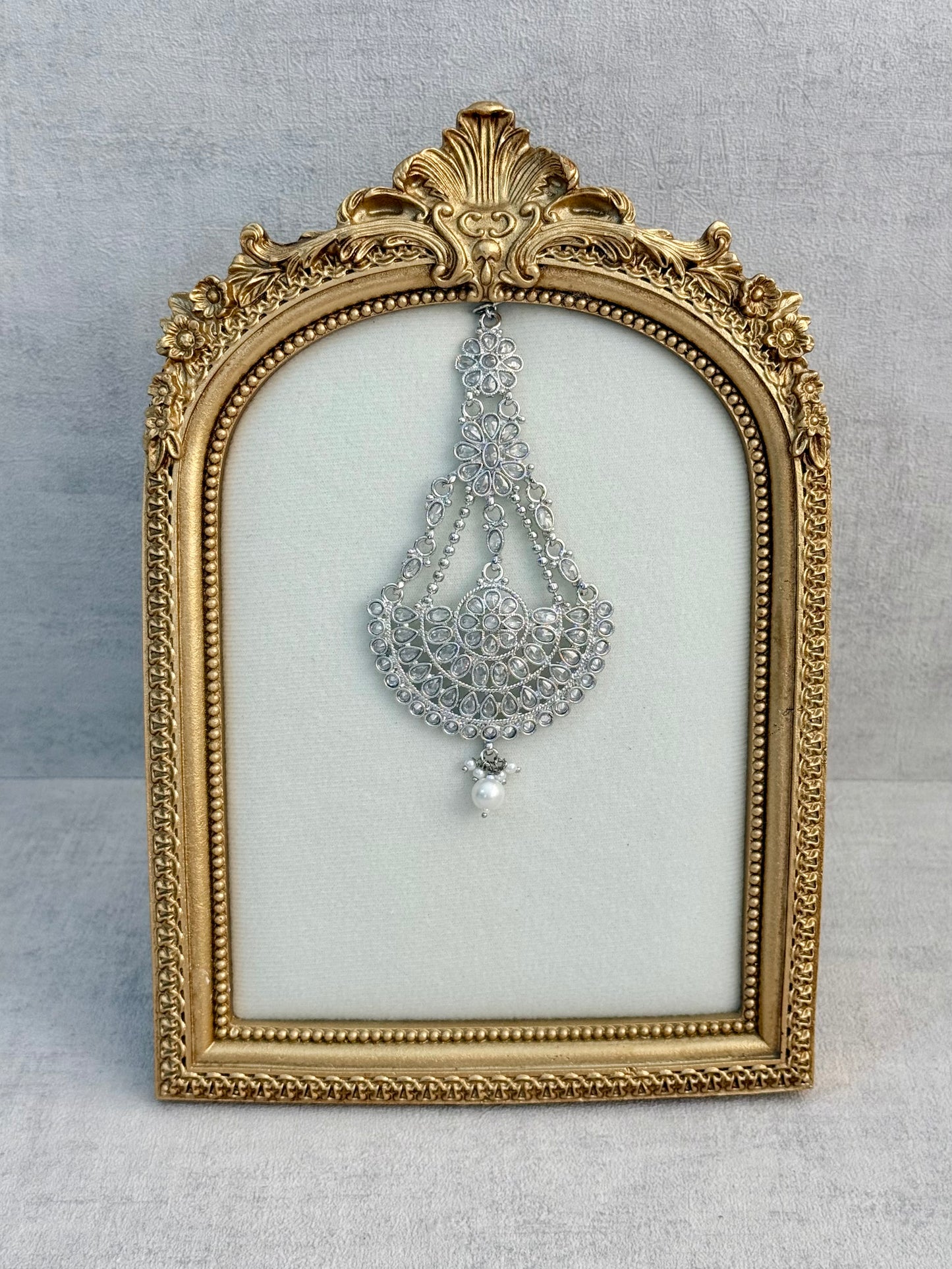 Ayura Designs Zeha Jhoomar Passa – Silver Finish with Mirror Cut Stones & Pearl Drop
