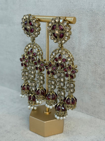 Ayura Designs Soraya Earrings – Deep Berry Stones, Champagne Crystals, Pearl Detailing & Gold Finish