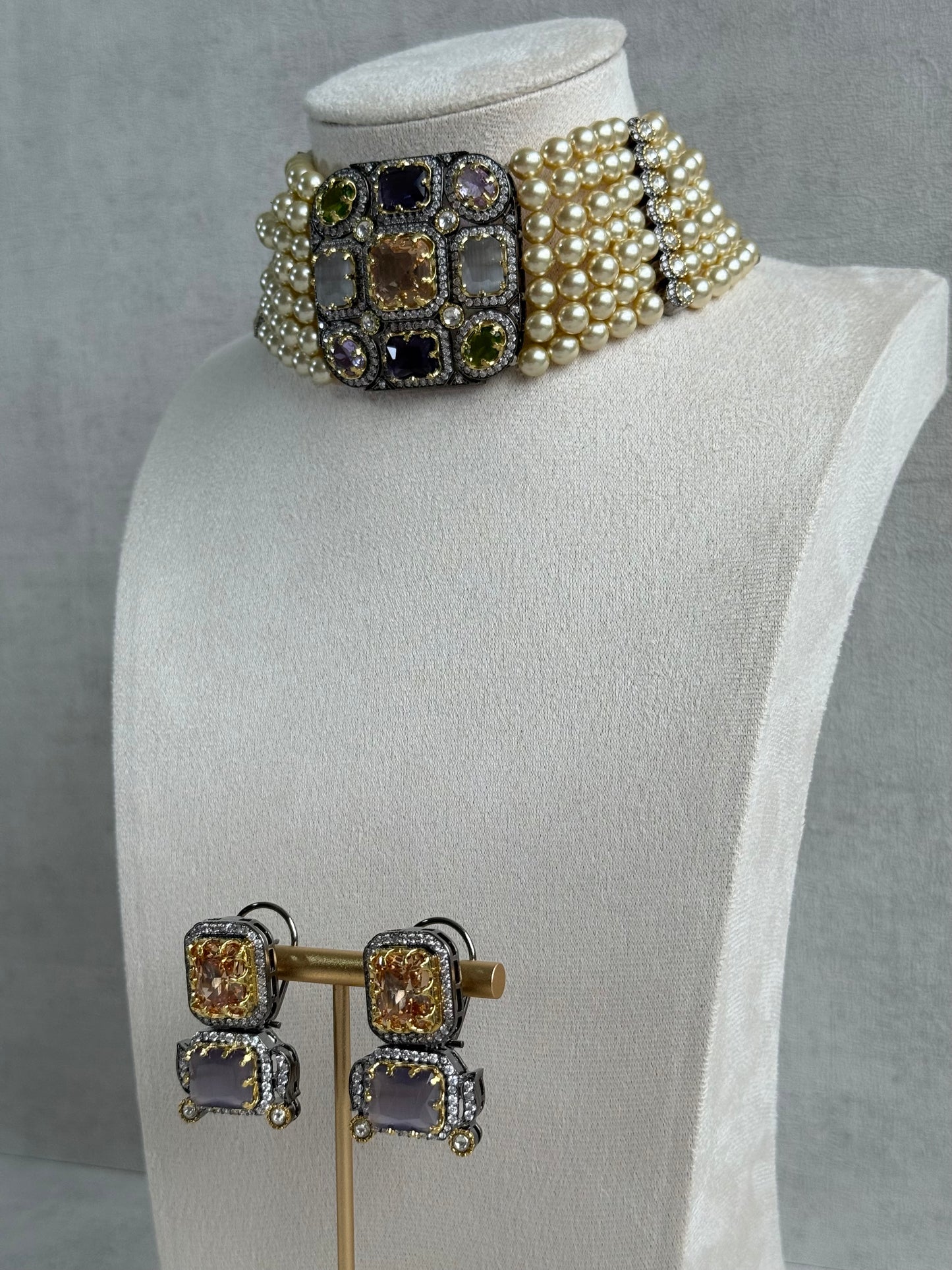 Ayura Designs Amelia Choker Set with Earrings – Moissanite Stonework with Layered Pearls in Antique Silver Finish (Soft Pastel Mix)