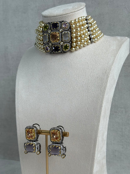 Ayura Designs Amelia Choker Set with Earrings – Moissanite Stonework with Layered Pearls in Antique Silver Finish (Soft Pastel Mix)