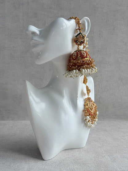 Ayura Designs Safia Tikka Set with Sahare Earrings – Champagne Crystals with Ruby & Emerald