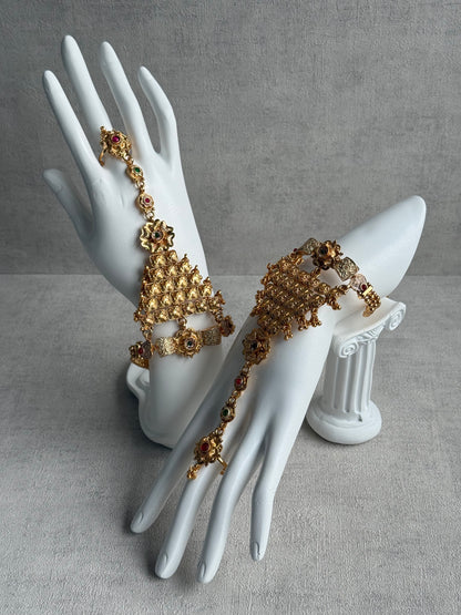 Ayura Designs Tripta Haathphool – Set of 2 Antique Gold Floral Hand Ornament with Multicolour Stones