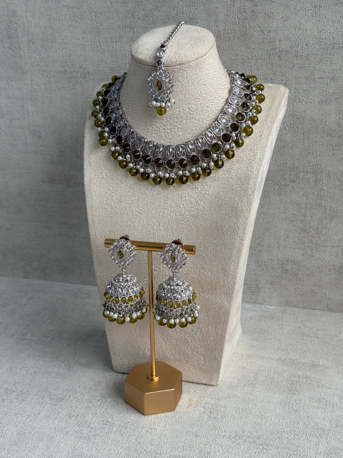 Ayura Designs Rayal Set – Silver Necklace, Jhumkis & Tikka with Olive Green Stones & Pearl Detailing