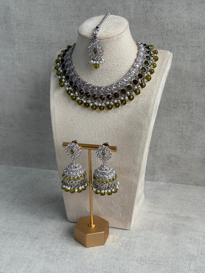 Ayura Designs Rayal Set – Silver Necklace, Jhumkis & Tikka with Olive Green Stones & Pearl Detailing