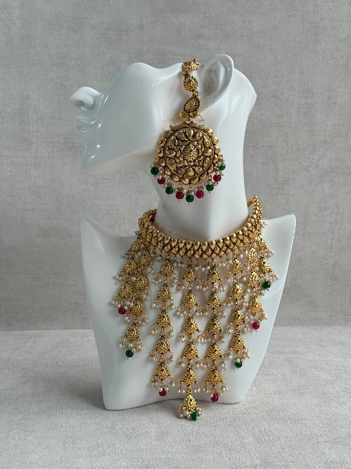 Ayura Designs Karima Choker Set with Sahare Earrings & Tikka – Waterfall Design, Rani Pink & Green Beads, Pearls & Antique Gold Finish