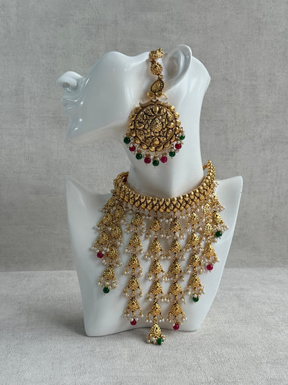 Ayura Designs Karima Choker Set with Sahare Earrings & Tikka – Waterfall Design, Rani Pink & Green Beads, Pearls & Antique Gold Finish