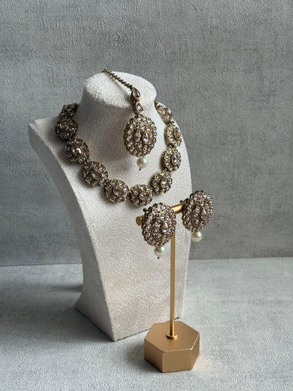 Ayura Designs Sania Set with Necklace, Earrings & Tikka – Champagne Kundan Stones & Antique Gold Finish