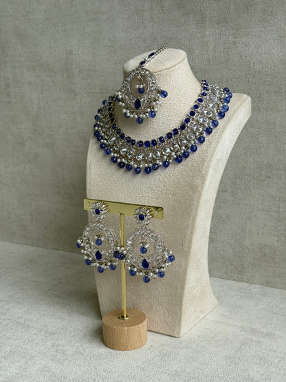 Ayura Designs Rija Set – Necklace, Earrings & Tikka with Ink Blue Beads, Mirror-Cut Stones & Silver Finish