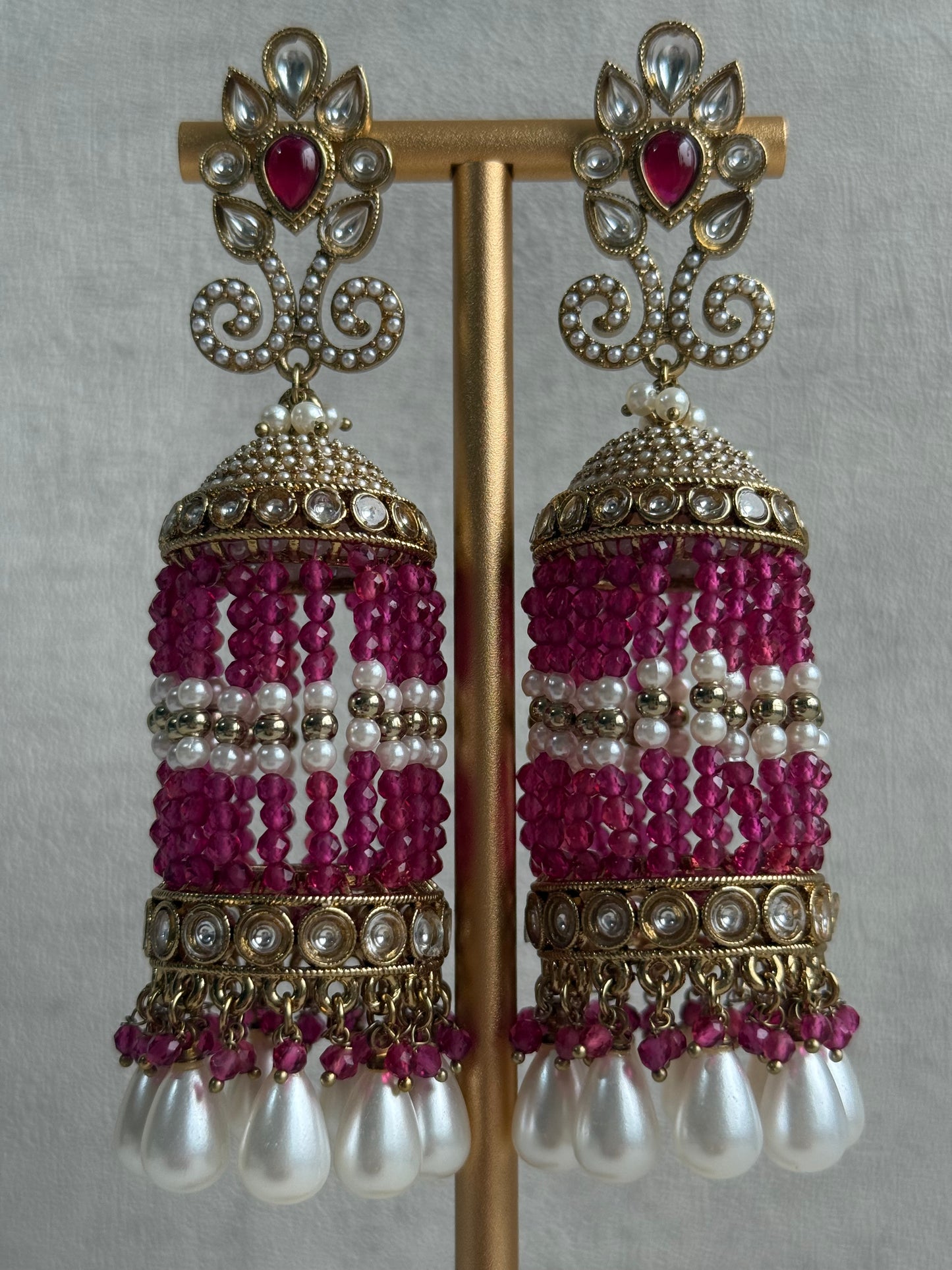 Ayura Designs Sage Earrings – Statement Jhumkis with Mirror-Cut Stones, Pearl Drops & Fuchsia Beads