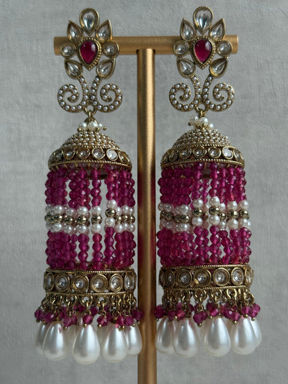 Ayura Designs Sage Earrings – Statement Jhumkis with Mirror-Cut Stones, Pearl Drops & Fuchsia Beads
