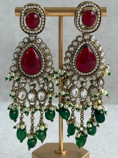 Ayura Designs Sahra Bridal Set with Earrings & Tikka – Ruby Red, Emerald Green, Kundan Stones & Pearls in Antique Gold Finish
