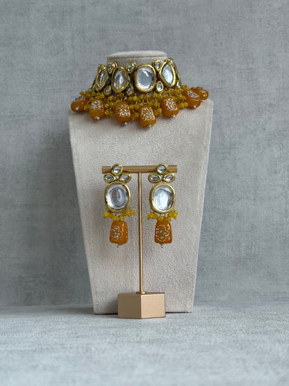 Ayura Designs Gyan Set With Choker And Earrings – Kundan Stones And Mustard Yellow Meenakari Drops