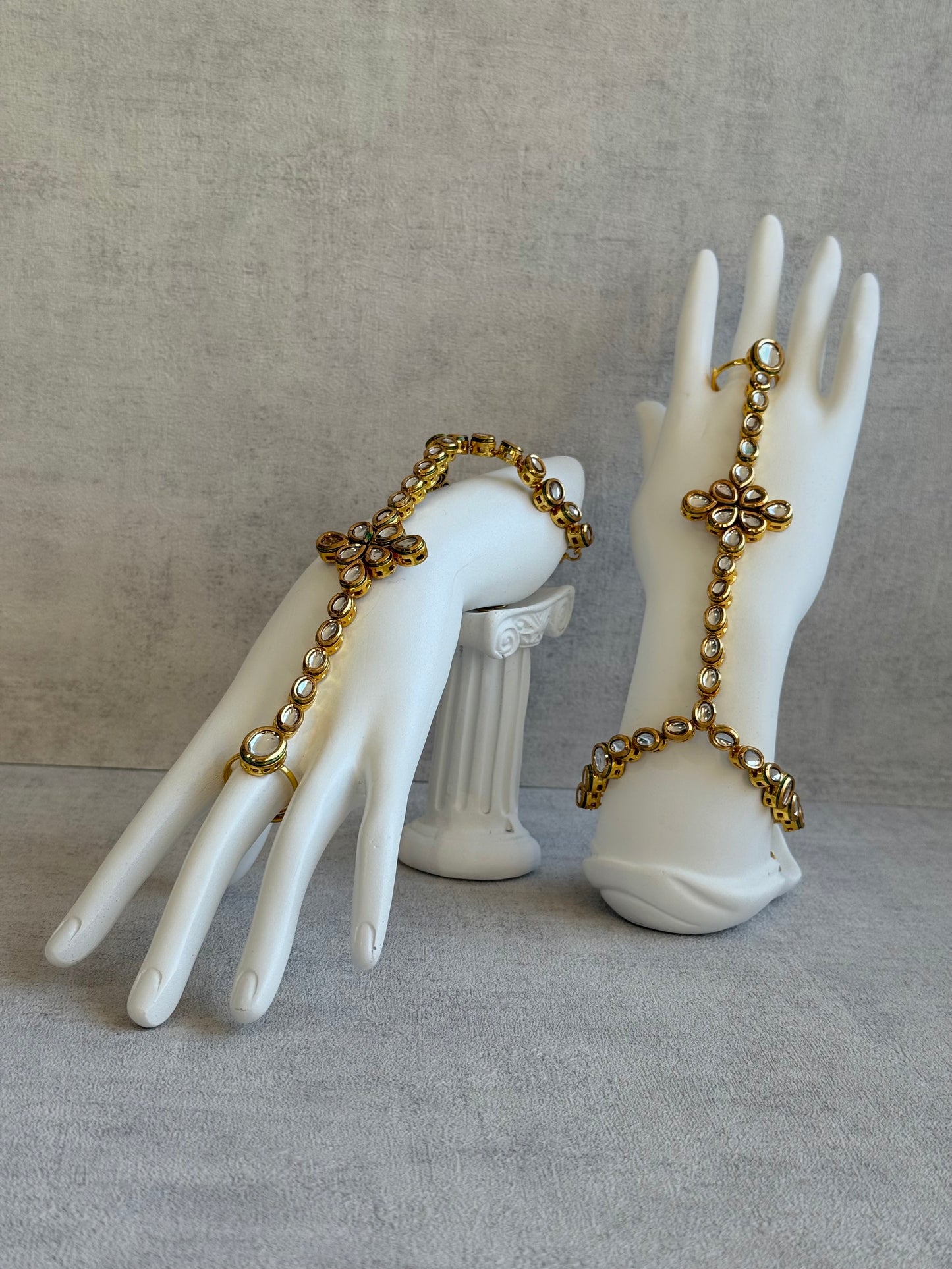 Ayura Designs Raina Haathphool – Kundan Hand Ornament with Floral Motif & Enamel Detailing