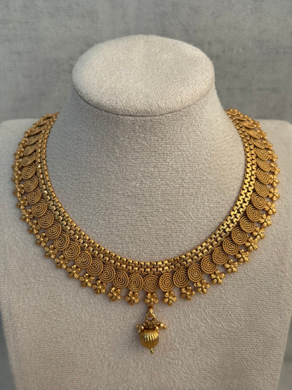 Ayura Designs Purna Set with Necklace & Earrings – Antique Gold Finish, Floral Motifs & Textured Pendant Detail