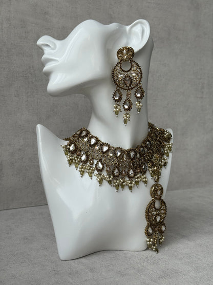 Ayura Designs Nimra Set with Earrings & Tikka – Mirror-Cut Polki, Olive Green Beads & Antique Gold Finish