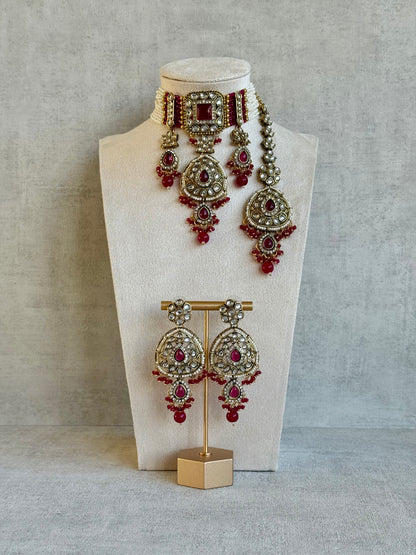 Ayura Designs Zarmeen Choker Set with Earrings & Tikka – Mirror-Cut Stones, Antique Gold Finish and Fuchsia Beads