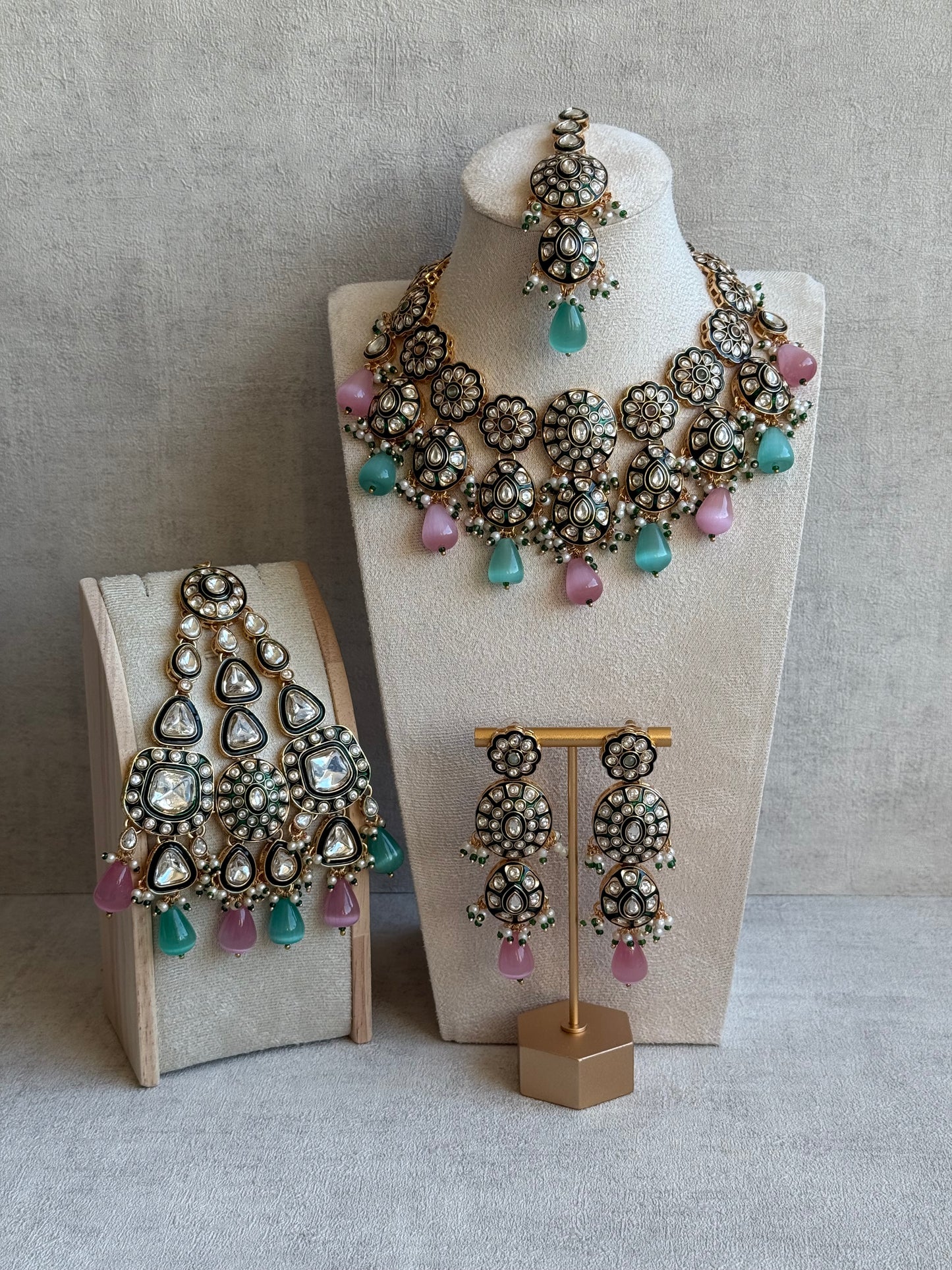 Ayura Designs Sumaira Set with Passa – Necklace, Earrings, Tikka & Passa with Kundan, Green Meenakari Detailing & Aqua-Pink Drops