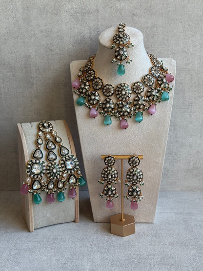 Ayura Designs Sumaira Set with Passa – Necklace, Earrings, Tikka & Passa with Kundan, Green Meenakari Detailing & Aqua-Pink Drops