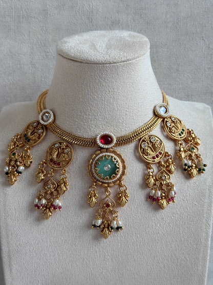 Ayura Designs Parchhai Necklace Set with Earrings – Mint Green, Ruby Red & Emerald Green Stones, Bird Motifs & Pearl Detailing