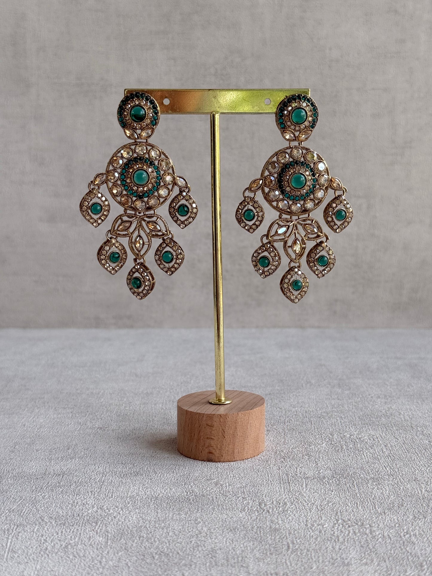 Ayura Designs Vanika Earrings – Teal Green & Champagne Crystal Gold Finish