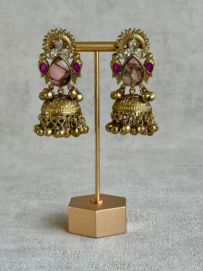Ayura Designs Avleen Earrings – Rose Pink Marble with Antique Gold Jhumkis