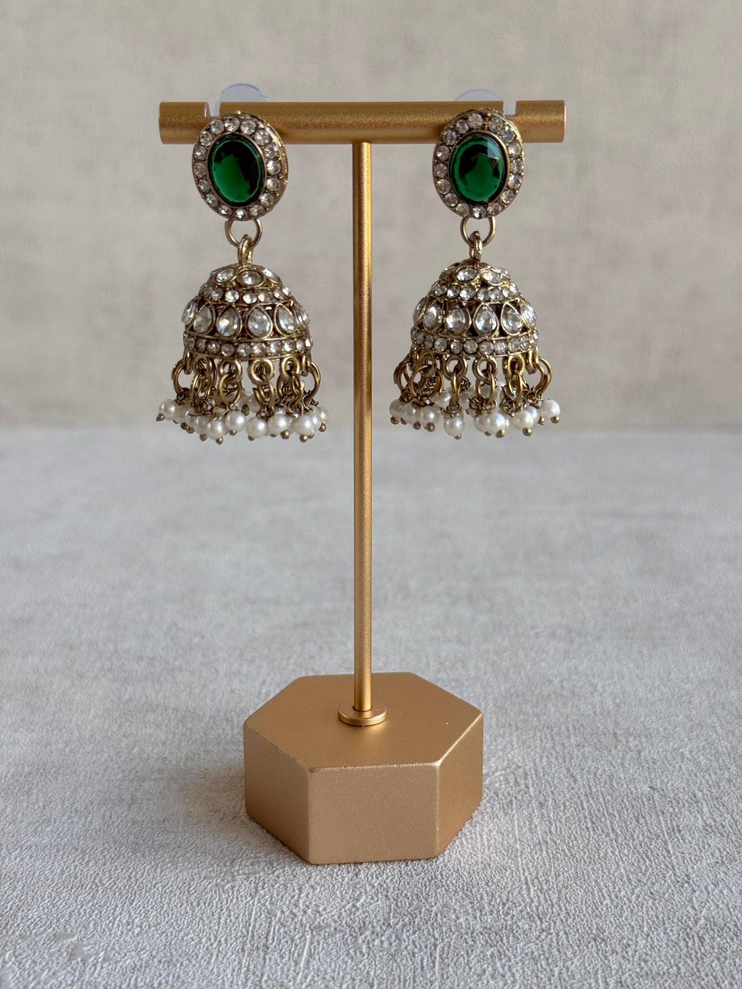 Ayura Designs Eira Necklace Set with Earrings & Tikka – Emerald Green & Crystal Stones with Antique Gold Finish