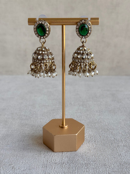 Ayura Designs Eira Necklace Set with Earrings & Tikka – Emerald Green & Crystal Stones with Antique Gold Finish