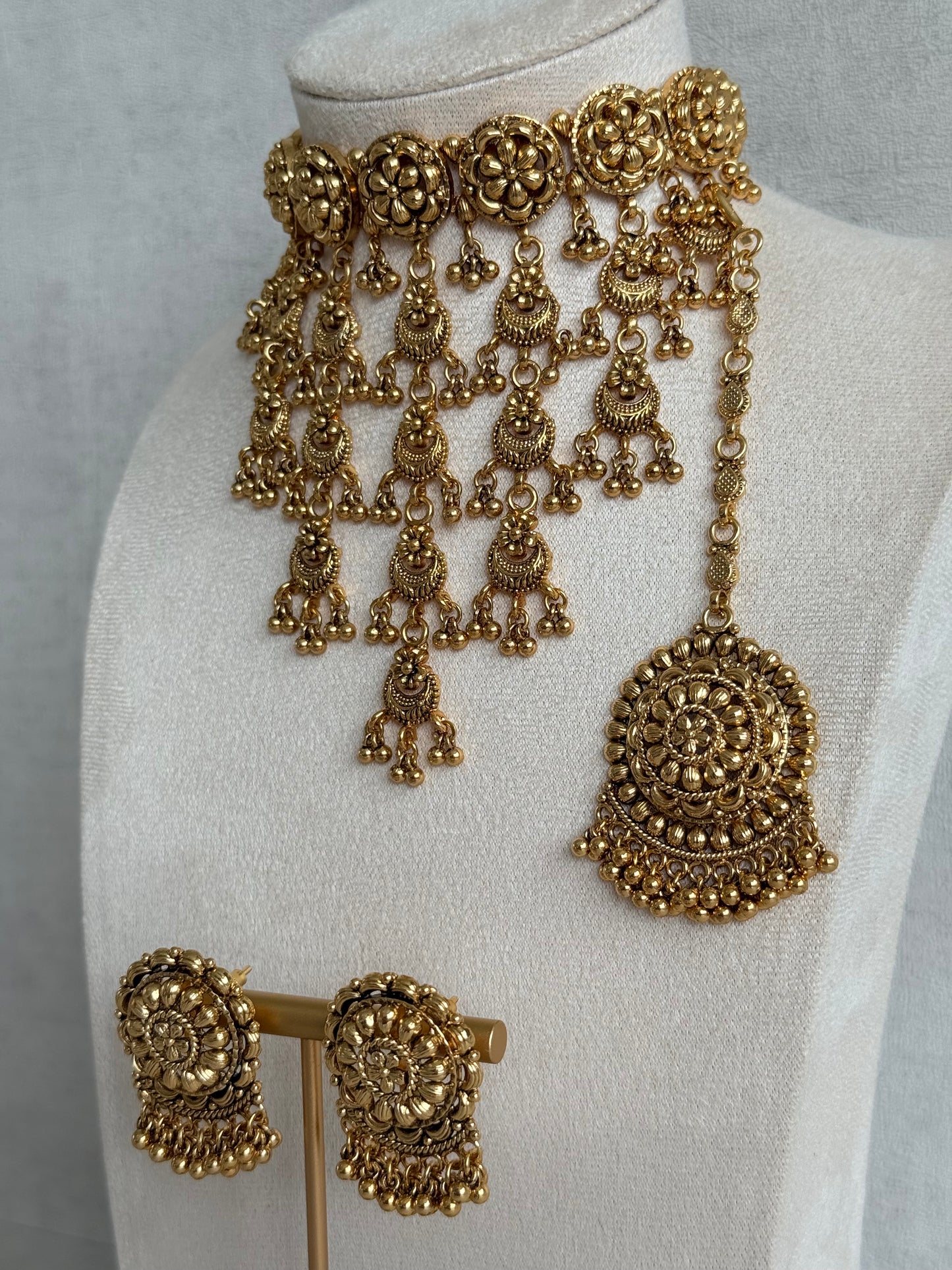 Ayura Designs Kimaya Choker Set with Earrings & Tikka – Gold Floral Waterfall Choker with Ghungroo Drops