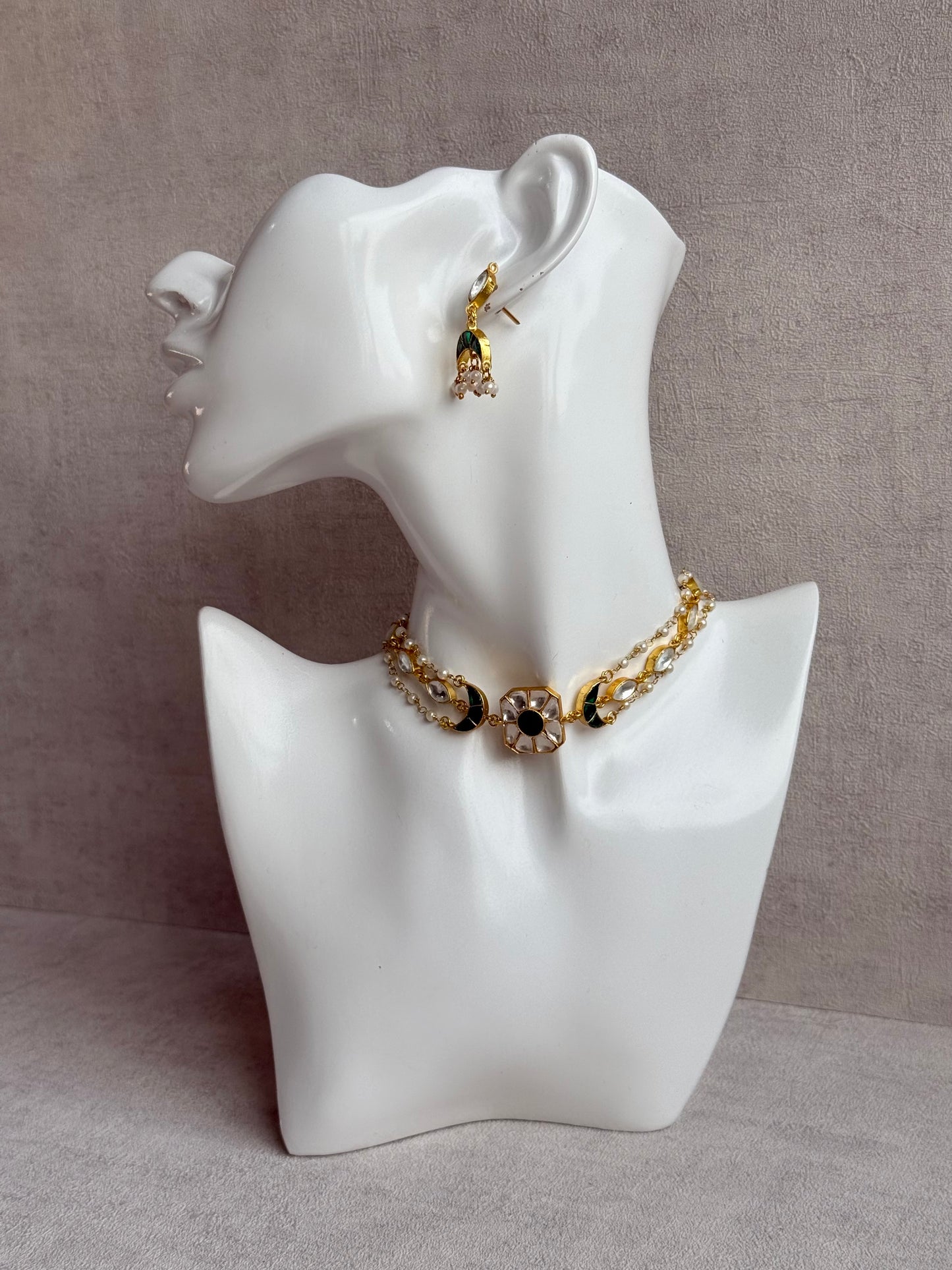 Ayura Designs Mahi Choker Set with Earrings – Meenakari Kundan Emerald Green & Ivory Detailing