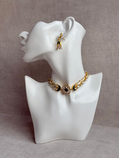 Ayura Designs Mahi Choker Set with Earrings – Meenakari Kundan Emerald Green & Ivory Detailing