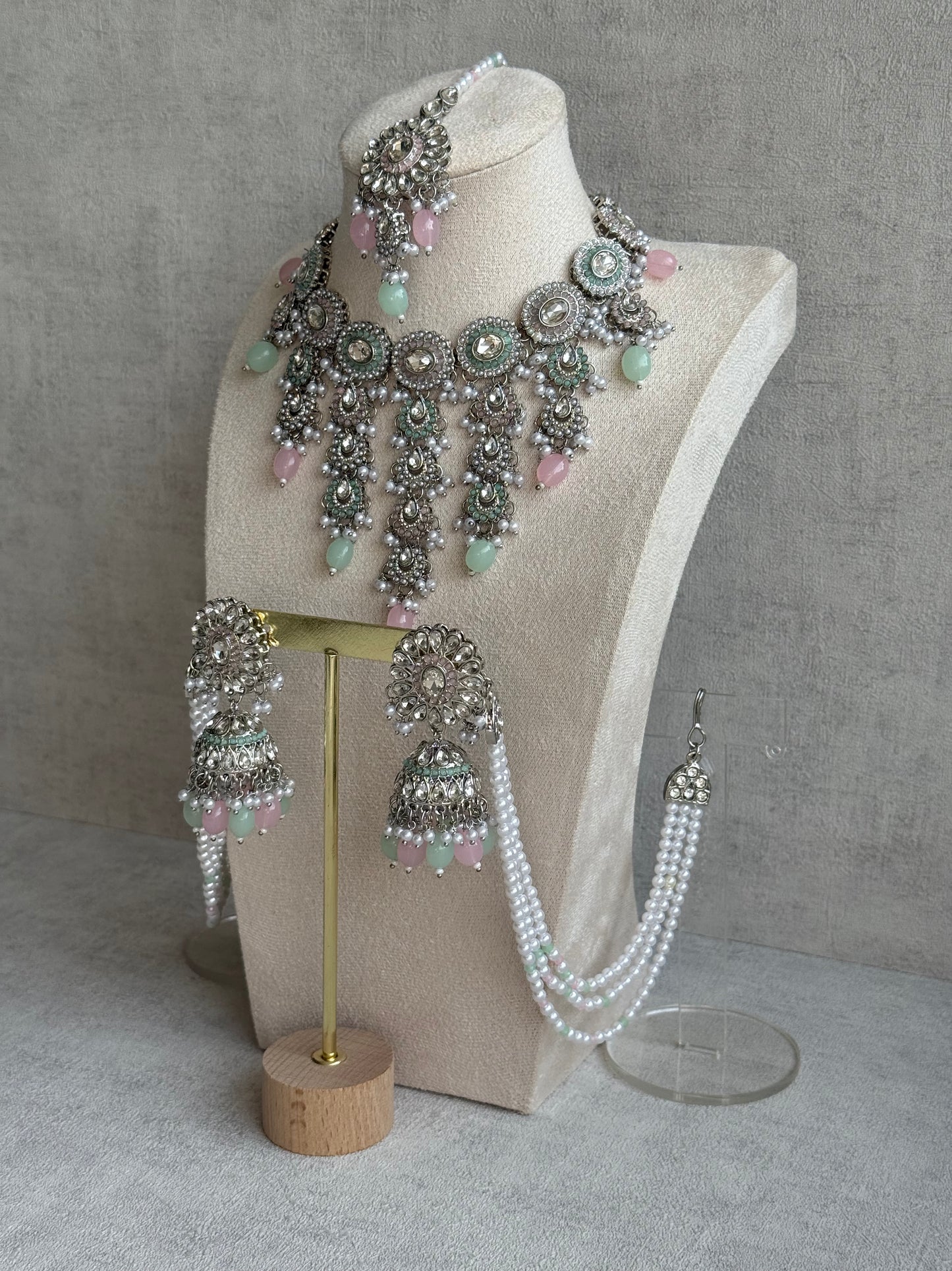 Ayura Designs Nawal Set – Necklace, Jhumkis, Tikka & Detachable Sahare with Mint & Blush Beads, Pearls & Antique Silver Finish
