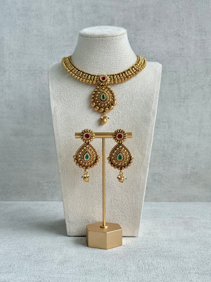 Ayura Designs Ayma Necklace Set with Earrings – Antique Gold Finish with Ruby Pink, Emerald Green & Crystal Detailing