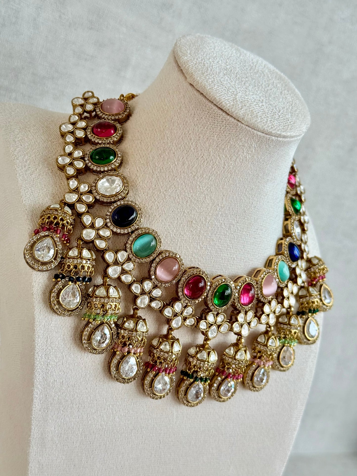 Ayura Designs Imara Set with Necklace & Jhumkis – Multicolour Stones with Kundan Detailing & Crystal Drop