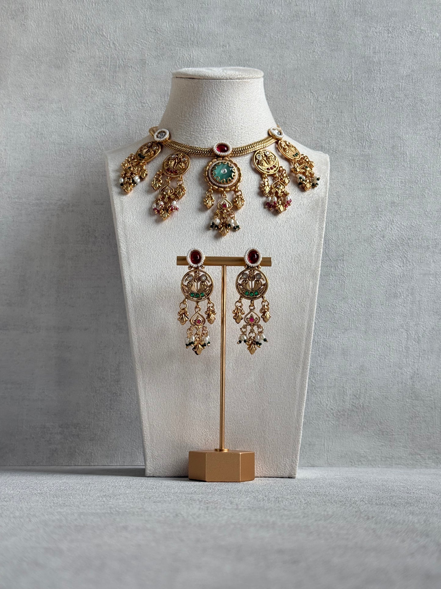 Ayura Designs Parchhai Necklace Set with Earrings – Mint Green, Ruby Red & Emerald Green Stones, Bird Motifs & Pearl Detailing