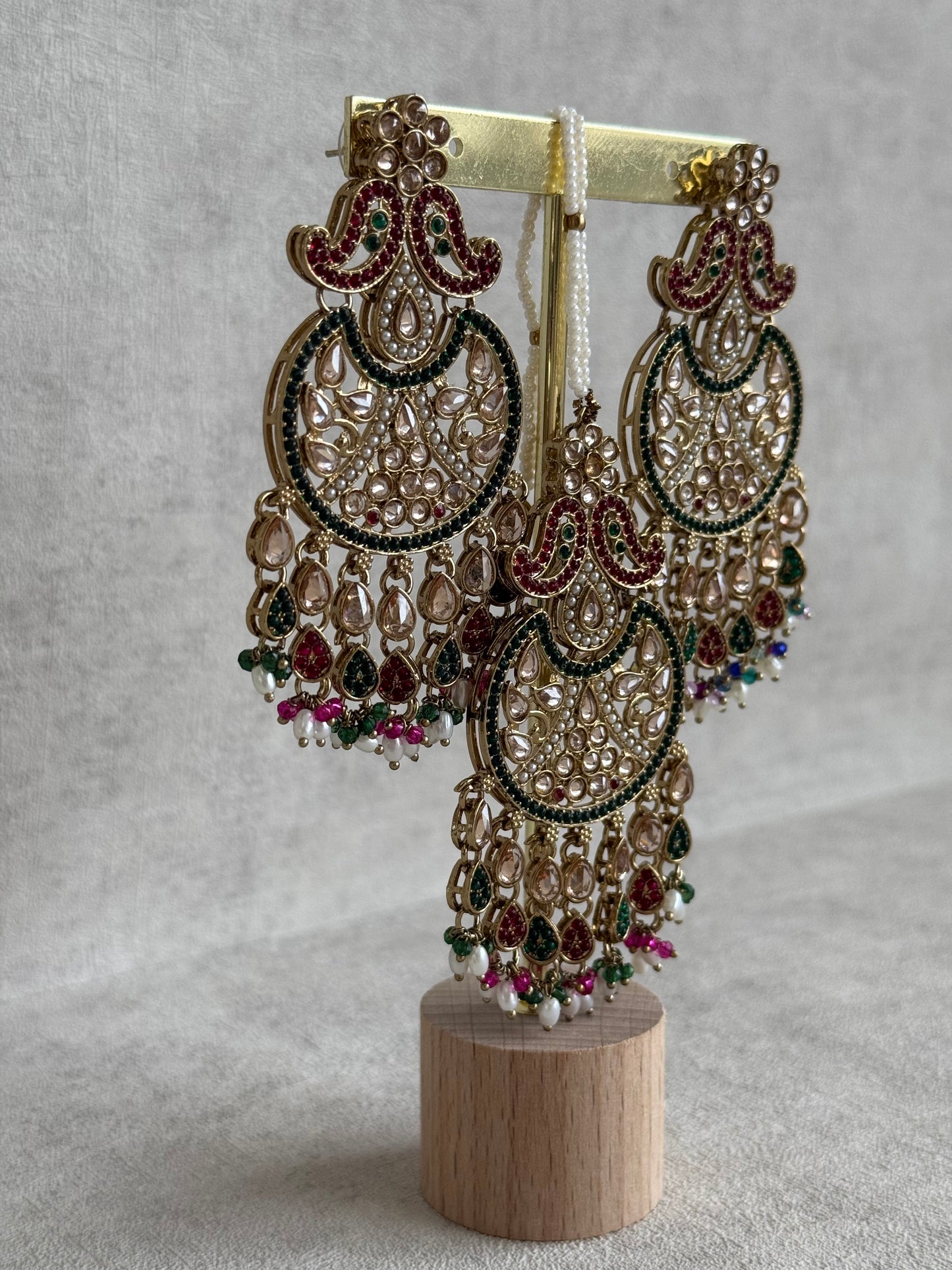Ayura Designs Anvi Tikka Set with Earrings – Ruby Red & Emerald Green with Champagne Stones