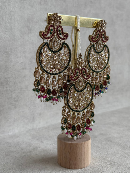 Ayura Designs Anvi Tikka Set with Earrings – Ruby Red & Emerald Green with Champagne Stones