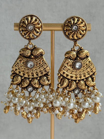 Ayura Designs Sairish Choker Set with Earrings & Tikka – Ivory Beads, Pearl Detailing, Ghungroos, Paisley Motifs & Antique Gold Finish
