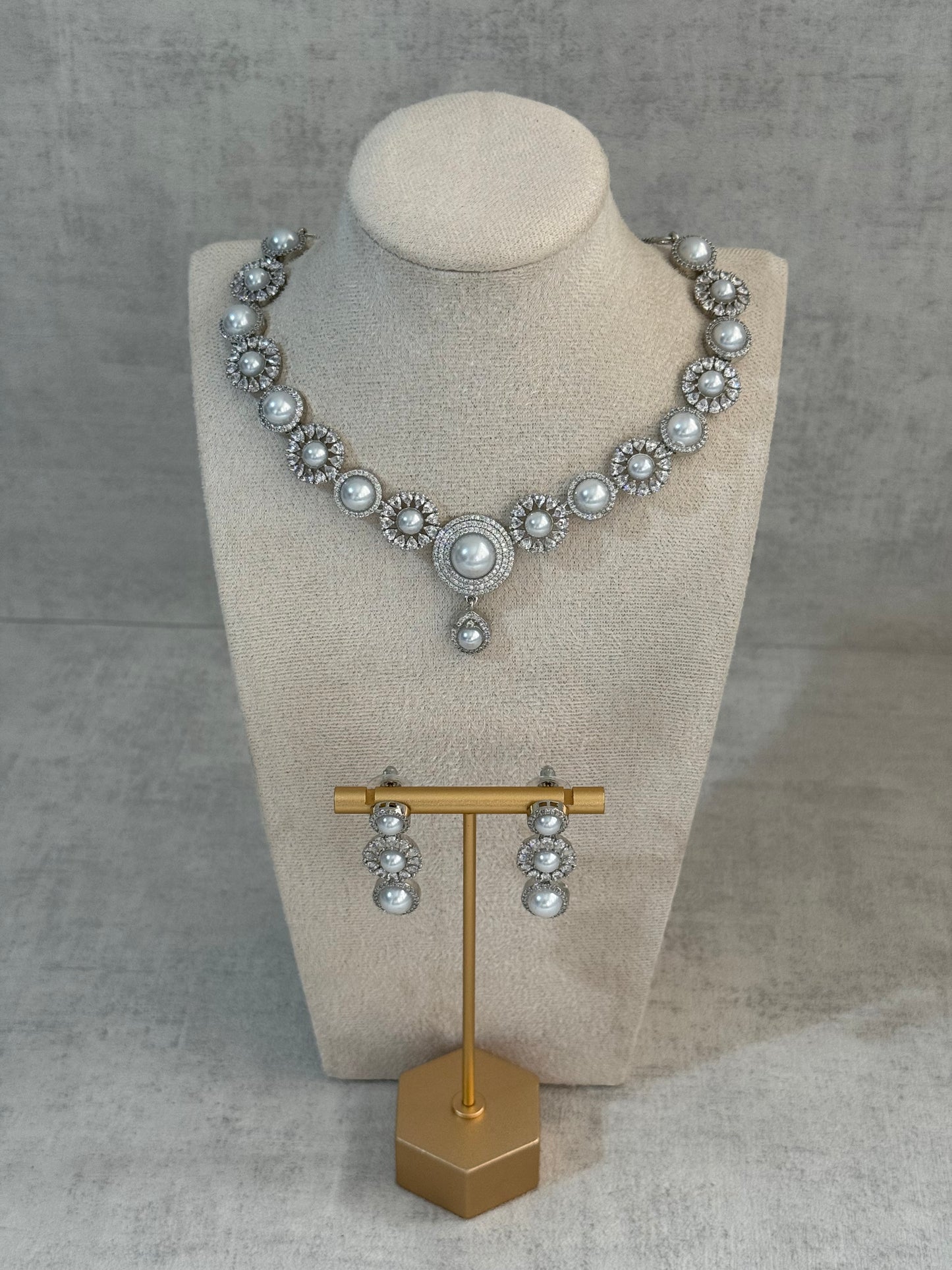 Ayura Designs Evelyn Set with Necklace & Stud Earrings – Silver Finish, Pearlescent Stones & Crystal Accents