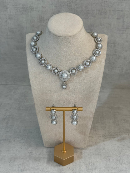 Ayura Designs Evelyn Set with Necklace & Stud Earrings – Silver Finish, Pearlescent Stones & Crystal Accents