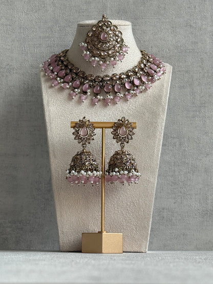 Ayura Designs Emaan Set – Necklace, Jhumkis & Tikka with Blush Pink Stones, Ivory Pearls & Champagne Gold Finish