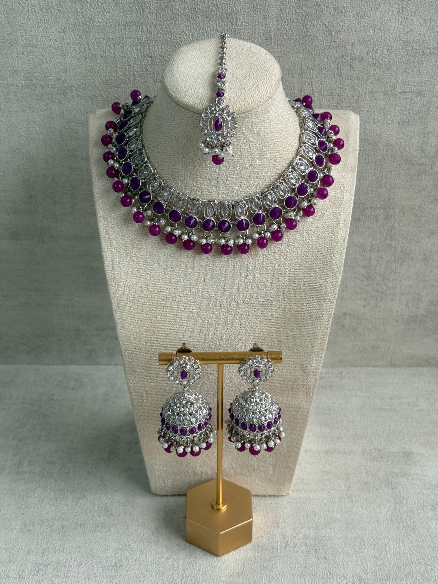 Ayura Designs Rayal Set – Silver Necklace, Jhumkis & Tikka with Amethyst Purple Stones & Pearl Detailing