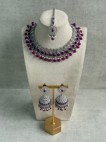 Ayura Designs Rayal Set – Silver Necklace, Jhumkis & Tikka with Amethyst Purple Stones & Pearl Detailing