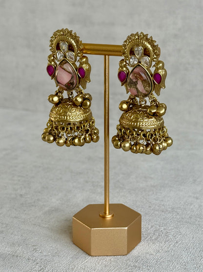 Ayura Designs Avleen Earrings – Rose Pink Marble with Antique Gold Jhumkis