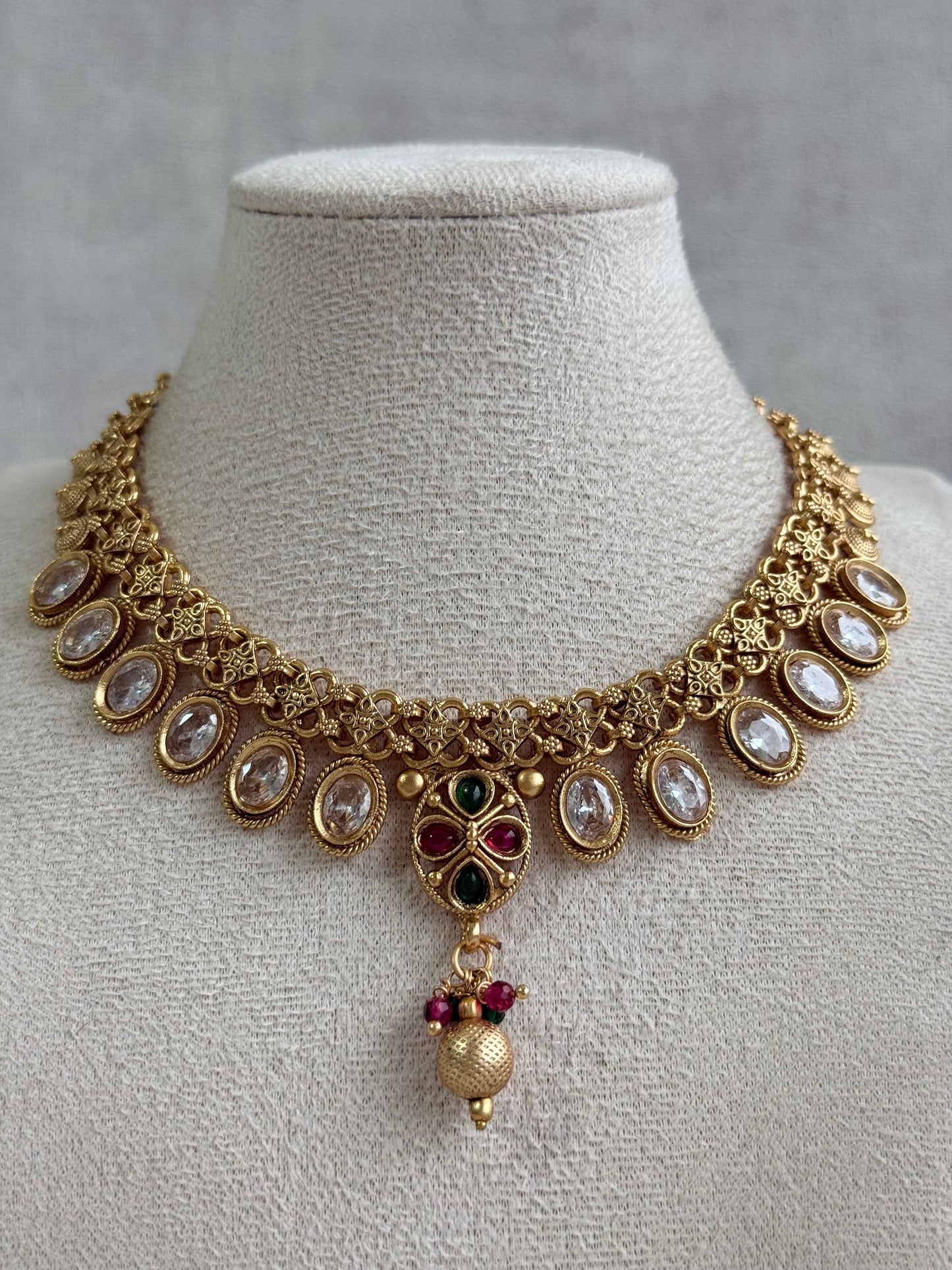 Ayura Designs Perniya Set with Necklace & Earrings – Mirror-Cut Stones with Multicolour Accents in Antique Gold Finish