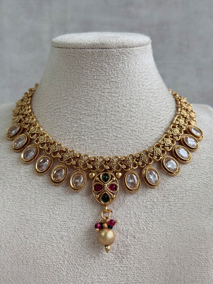 Ayura Designs Perniya Set with Necklace & Earrings – Mirror-Cut Stones with Multicolour Accents in Antique Gold Finish