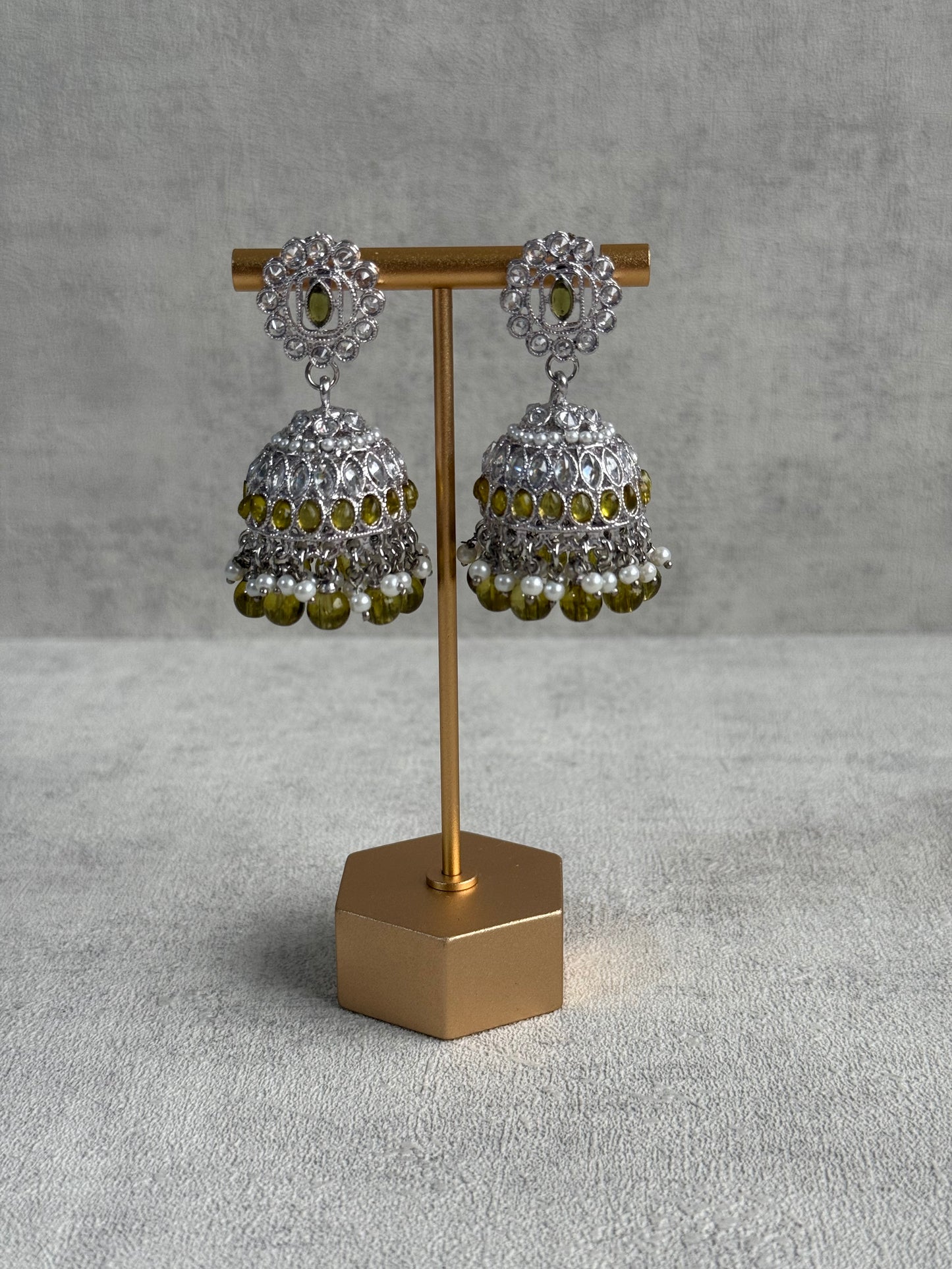 Ayura Designs Rayal Set – Silver Necklace, Jhumkis & Tikka with Olive Green Stones & Pearl Detailing